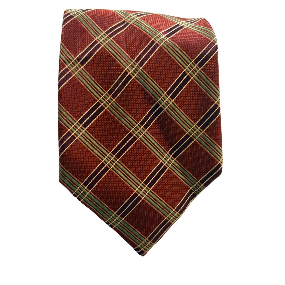 Henry Jacobson Plaid Silk Tie Mens One Size Rust Red Green Classic Business